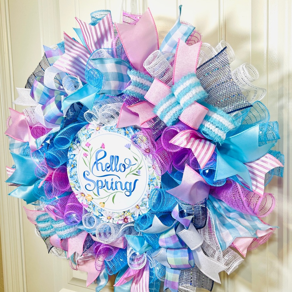 Handmade Hello Spring Prelit Ribbon Wreath 22 in LED W3 - Picture 3 of 9